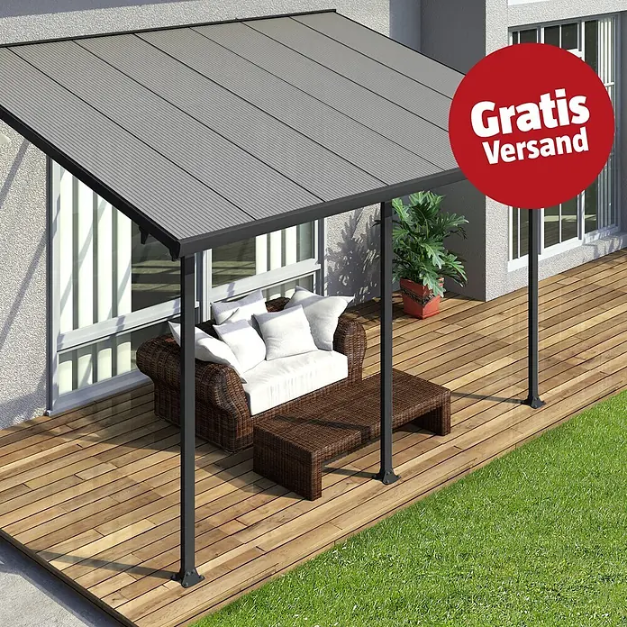 Solid Elements Terrassenüberdachung Martina - B x T: 425 x 300 cm, Anthrazitgrau, Polycarbonat, Transparent - Graues Terrassendach mit dunklem Rahmen über einem Holzdeck mit Gartenmöbeln.
