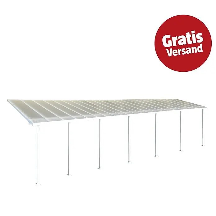 Solid Elements Terrassenüberdachung Martina - B x T: 1.340 x 300 cm, Verkehrsweiß, Polycarbonat, Transparent - Langes, weißes Terrassendach oder Carport mit transparentem Wellblechdach und Stützpfosten.