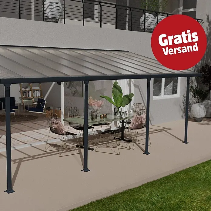 Solid Elements Terrassenüberdachung Martina - B x T: 730 x 300 cm, Anthrazitgrau, Polycarbonat, Transparent - Dunkelgraue Terrassenüberdachung mit transluzentem Dach über einer Terrasse, schützt Outdoor-Möbel.