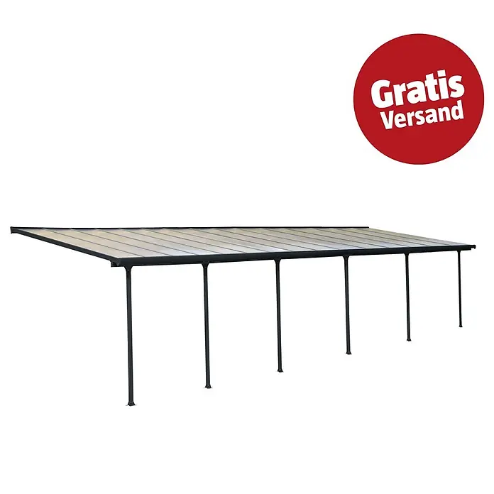 Solid Elements Terrassenüberdachung Martina - B x T: 915 x 300 cm, Anthrazitgrau, Polycarbonat, Transparent - Dunkelgraues Metall-Carport mit transluzentem Dach, getragen von mehreren Pfosten.