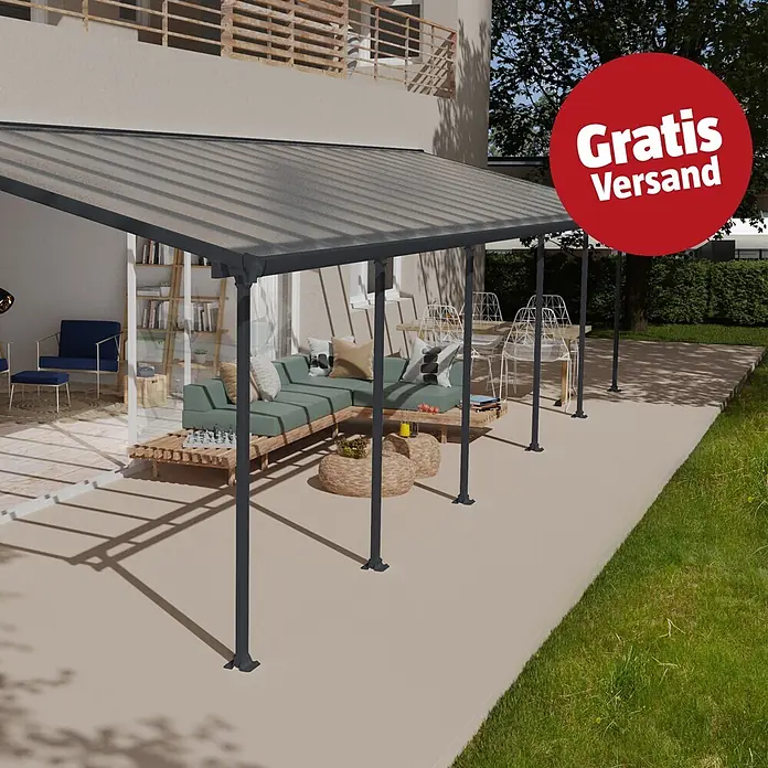 Solid Elements Terrassenüberdachung Martina - B x T: 1.035 x 300 cm, Anthrazitgrau, Polycarbonat, Transparent - Dunkelgraue Terrassenüberdachung mit lichtdurchlässigem Dach, über einem Sitzbereich im Freien.