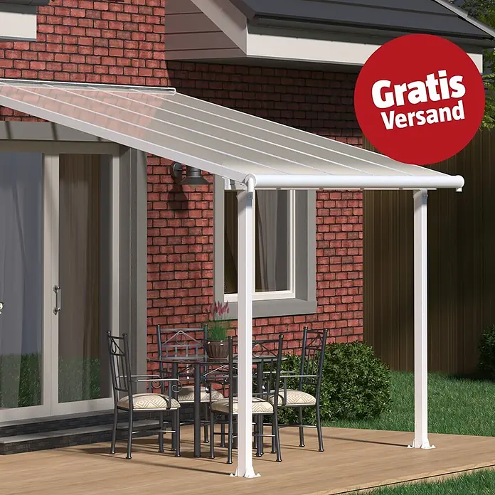 Palram – Canopia Terrassenüberdachung Olympia - B x T: 305 x 300 cm, Verkehrsweiß, Polycarbonat, Transparent - Weiße Terrassenüberdachung mit lichtdurchlässigem Dach, an einem Ziegelhaus befestigt, schützt eine Außensitzfläche.