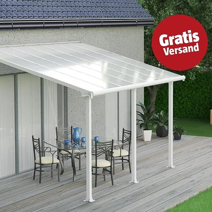 Palram – Canopia Terrassenüberdachung Olympia - B x T: 425 x 300 cm, Verkehrsweiß, Polycarbonat, Transparent - Weißes Terrassendach mit transparentem Dach über einer Holzterrasse für Schutz im Freien.