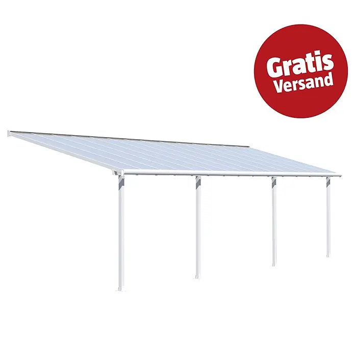 Palram – Canopia Terrassenüberdachung Olympia - B x T: 850 x 300 cm, Verkehrsweiß, Polycarbonat, Transparent - Weißes Carport mit durchsichtigem Dach auf vier Pfosten, das Schutz bietet.
