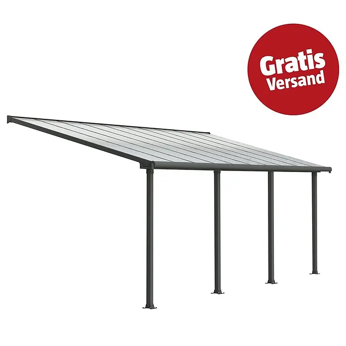 Palram – Canopia Terrassenüberdachung Olympia - B x T: 610 x 300 cm, Anthrazitgrau, Polycarbonat, Transparent - Dunkelgraue Terrassenüberdachung oder Carport mit durchscheinendem Dach und vier Stützpfosten.
