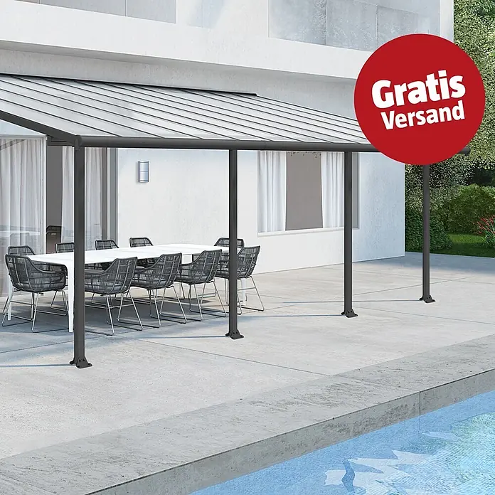 Palram – Canopia Terrassenüberdachung Olympia - B x T: 730 x 300 cm, Anthrazitgrau, Polycarbonat, Transparent - Dunkelgraue Terrassenüberdachung mit lichtdurchlässigen Dachplatten über einem Essbereich im Freien neben einem Pool.