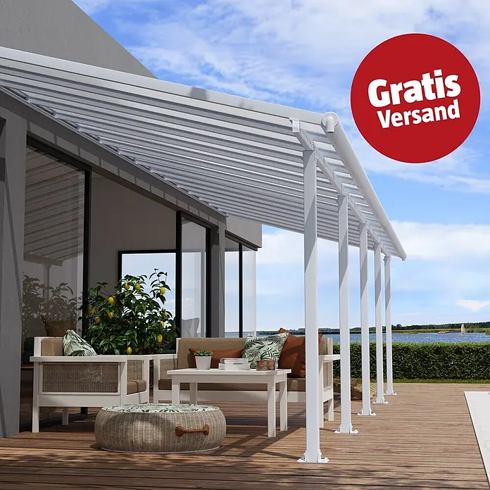 Palram – Canopia Terrassenüberdachung Olympia - B x T: 971 x 300 cm, Verkehrsweiß, Polycarbonat, Transparent - Weiße Lamellen-Pergola über einer Terrasse mit Gartenmöbeln, an einem Haus befestigt. Gratis Versand.