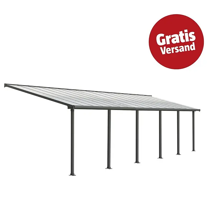 Palram – Canopia Terrassenüberdachung Olympia - B x T: 971 x 300 cm, Anthrazitgrau, Polycarbonat, Transparent - Dunkelgraues Anlehnvordach mit transparentem Dach und rotem 'Gratis Versand' Stempel.