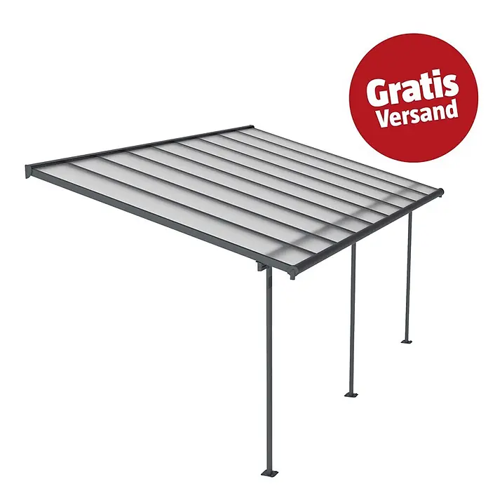 Palram – Canopia Terrassenüberdachung Sierra - B x T: 555 x 299 cm, Anthrazitgrau, Polycarbonat, Klar - Anthrazitgraues Terrassendach/Carport mit durchscheinendem Stegplatten-Dach, zwei Stützpfosten und einem 'Gratis Versand' Aufkleber.