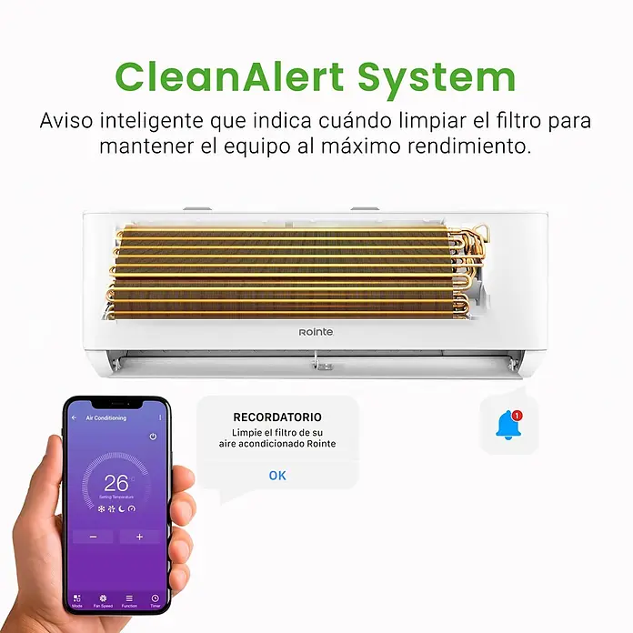 Rointe Aire acondicionado Inverter RXN09 - 2.600 W, 3.320 W, 9 m² - 16 m², Blanco - Aire acondicionado blanco con bobinas doradas; una app móvil muestra recordatorio de limpieza de filtro para máximo rendimiento.