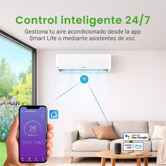 Rointe Aire acondicionado Inverter RXN09 - 2.600 W, 3.320 W, 9 m² - 16 m², Blanco - Un aire acondicionado blanco se controla desde el móvil (app Smart Life) y asistentes de voz (Hey Google, Alexa) en un salón. Control inteligente 24/7.