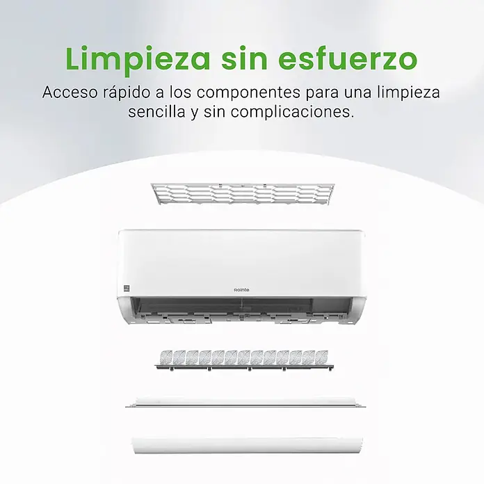 Rointe Aire acondicionado Inverter RXN09 - 2.600 W, 3.320 W, 9 m² - 16 m², Blanco - Unidad de aire acondicionado blanca con sus componentes separados y apilados, ilustrando su fácil desmontaje para limpieza.