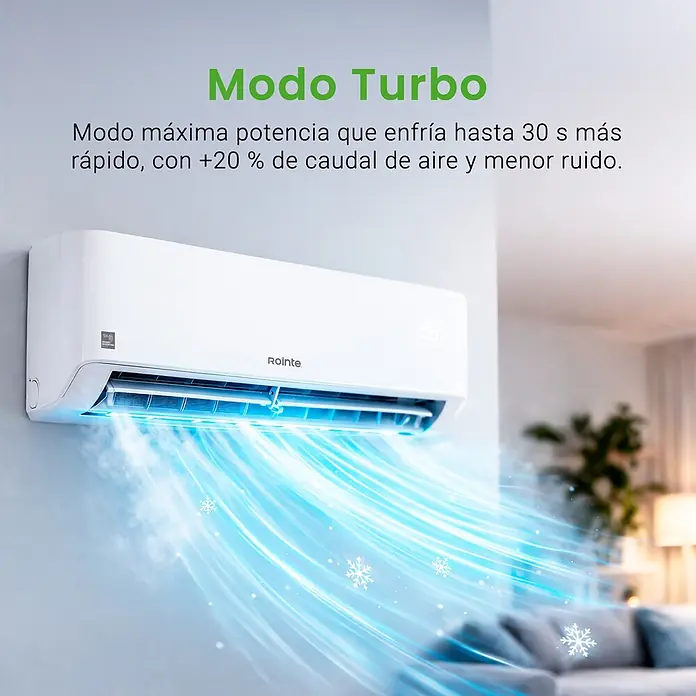 Rointe Aire acondicionado Inverter RXN09 - 2.600 W, 3.320 W, 9 m² - 16 m², Blanco - Aire acondicionado Rointe blanco enfriando una sala de estar moderna con flujo de aire azul visible y copos de nieve, destacando su Modo Turbo.