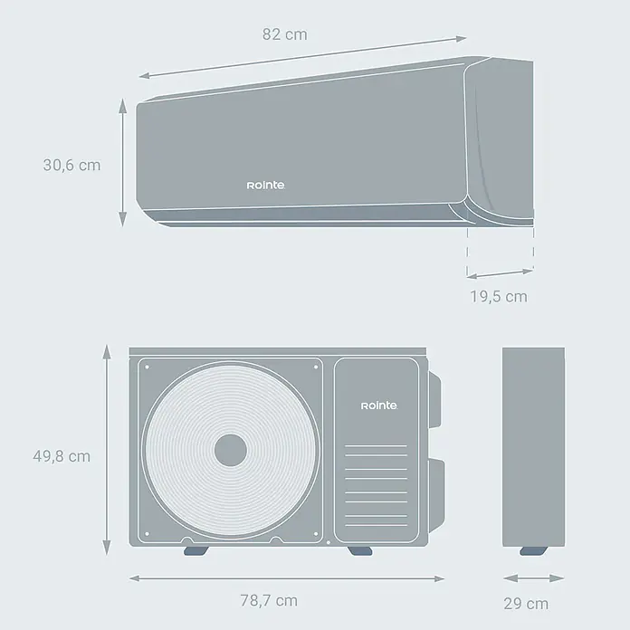 Rointe Aire acondicionado Inverter RXN09 - 2.600 W, 3.320 W, 9 m² - 16 m², Blanco - Dimensiones de un sistema Rointe split de aire acondicionado gris, unidades interior y exterior con medidas.