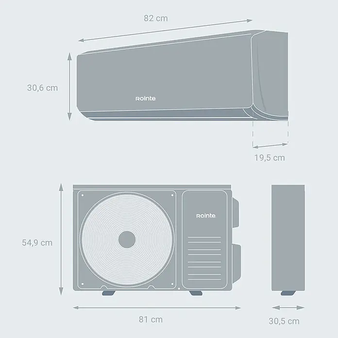 Rointe Aire acondicionado Inverter RXN12 - 3.500 W, 3.860 W, 14 m² - 22 m², Blanco - Unidades interior y exterior grises del aire acondicionado Rointe con dimensiones.