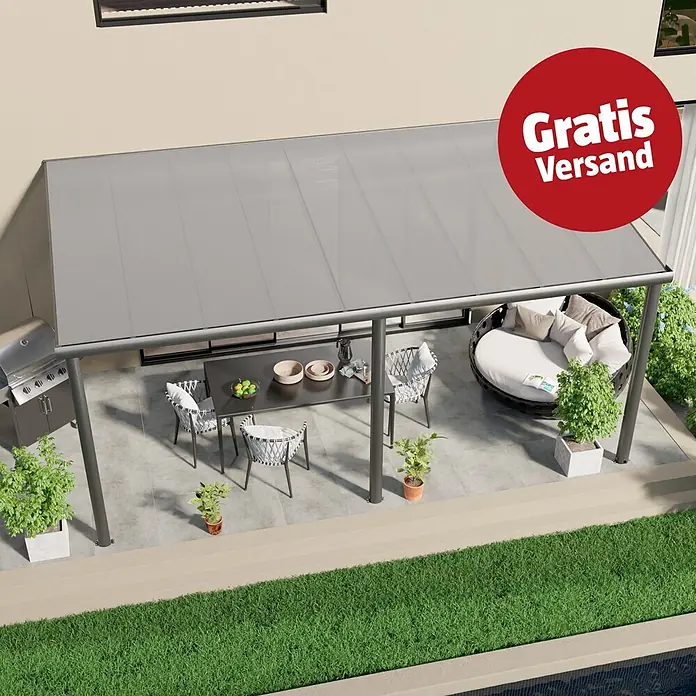 Gardendreams Terrassenüberdachung Comfort - B x T: 544 x 300 cm, Anthrazitgrau, Polycarbonat, Transparent - Graue Terrassenüberdachung überspannt Ess- und Lounge-Bereich im Freien, spendet Schatten und Schutz.