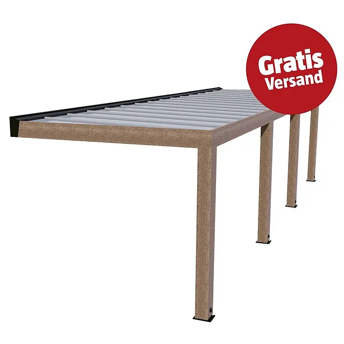 Palram – Canopia Terrassenüberdachung Helsinki - B x T: 990 x 300 cm, Braun, Polycarbonat, Solargrau - Carport mit Holzoptik-Rahmen und hellgrauem Rippendach.