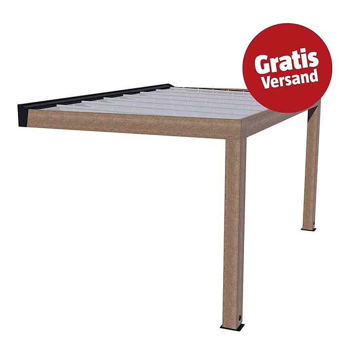 Palram – Canopia Terrassenüberdachung Helsinki - B x T: 470 x 300 cm, Braun, Polycarbonat, Solargrau - Braune Holzoptik-Pergola mit Lamellendach und "Gratis Versand" Aufkleber.