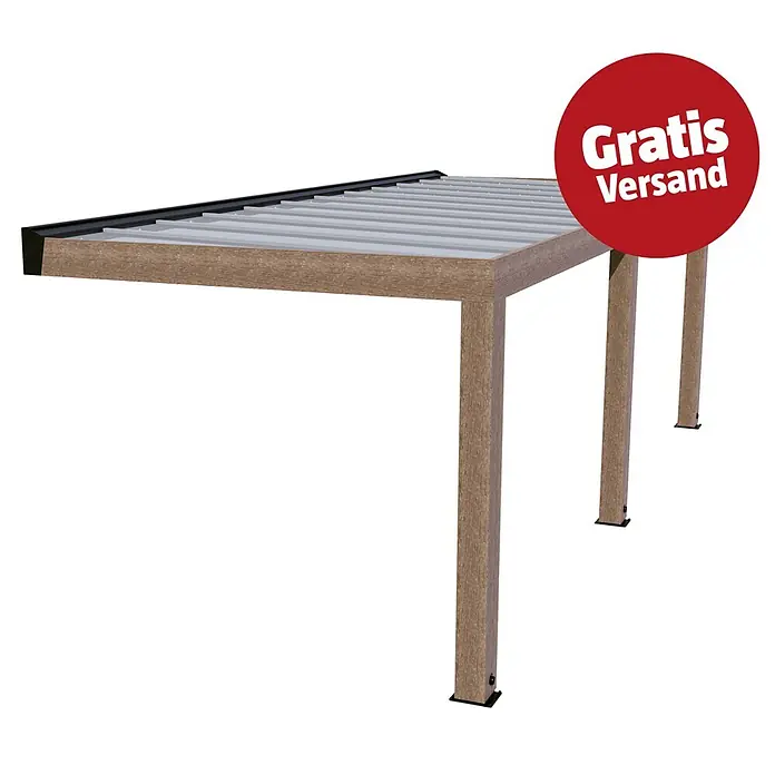 Palram – Canopia Terrassenüberdachung Helsinki - B x T: 730 x 300 cm, Braun, Polycarbonat, Solargrau - Braune Holzoptik-Pergola/Carport mit hellem Lamellendach und vier Pfosten.
