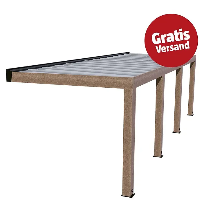 Palram – Canopia Terrassenüberdachung Helsinki - B x T: 860 x 300 cm, Braun, Polycarbonat, Solargrau - Pergola in Holzoptik Braun mit hellgrauem Lamellendach.