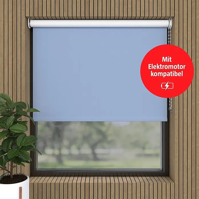 Verdunkelungsrollo - B x H: 85 x 190 cm, Babyblau - Hellblauer Rollvorhang in Holzfensterrahmen, mit Elektromotor kompatibel.