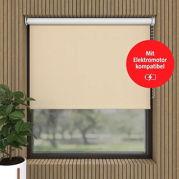 Verdunkelungsrollo - B x H: 85 x 190 cm, Creme - Hellbeiger Rolladen im Fenster, kompatibel mit Elektromotor.