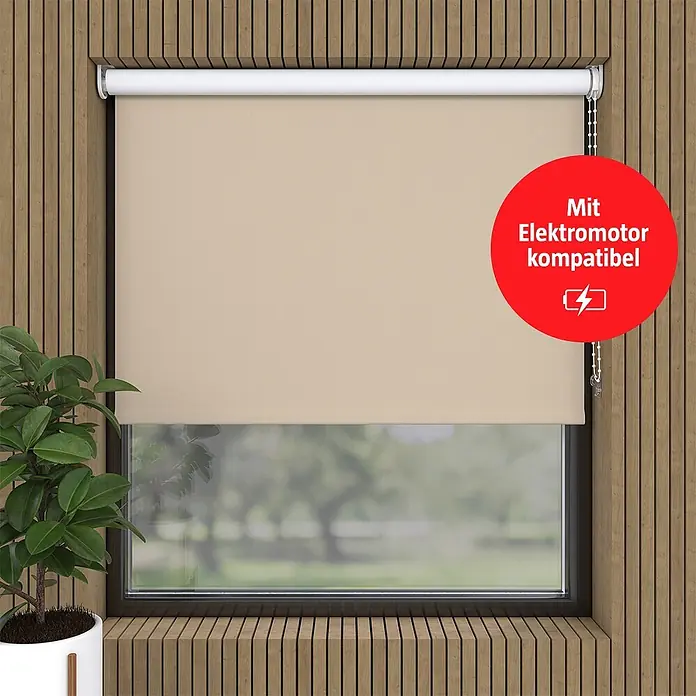 Verdunkelungsrollo - B x H: 70 x 190 cm, Taupe - Beiger Rolladen teilweise heruntergelassen im Fenster, kompatibel mit Elektromotor.