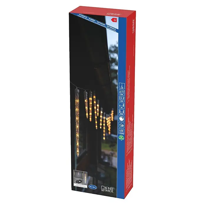 Konstsmide LED-Lichtervorhang Eiszapfen - Innen, 450 cm, Warmweiß, 80 Stk., Netzbetrieben - Konst Smide Verpackung für LED-Eiszapfenlichter (80 warmweiße LEDs, 9,5 m, dimmbar) für den Außenbereich.