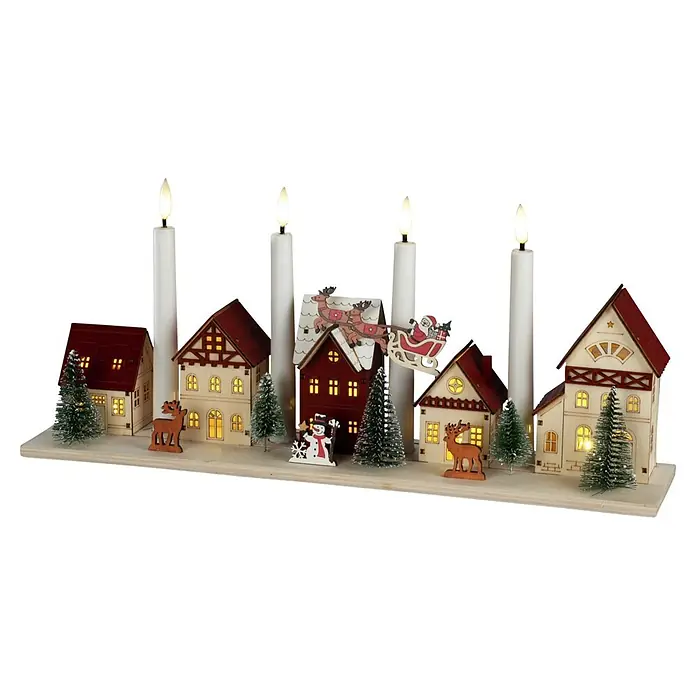 Konstsmide LED-Holzsilhouette Miniaturhäuser - 47 x 11 x 20,5 cm, Braun, Batteriebetrieben, Warmweiß - Hölzerne Adventsdekoration mit Miniaturhäusern, Bäumen, festlichen Figuren und vier beleuchteten Kerzen.