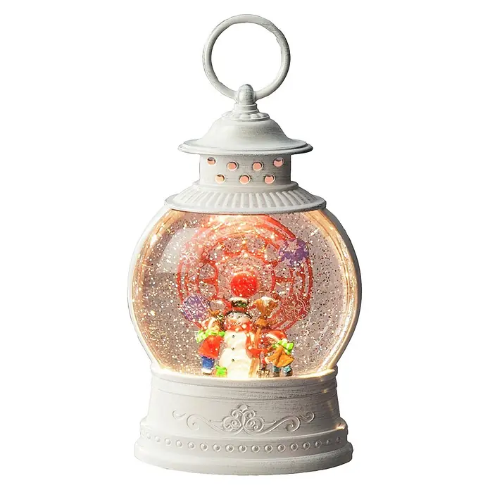 Konstsmide LED-Schneelaterne Schneemann mit Riesenrad - Innen, Weiß, 12,6 x 7,7 x 21 cm, Batteriebetrieben - Weiße Weihnachtslaterne mit beleuchteter Schneekugel, die einen Schneemann, Kinder und Glitzer zeigt.