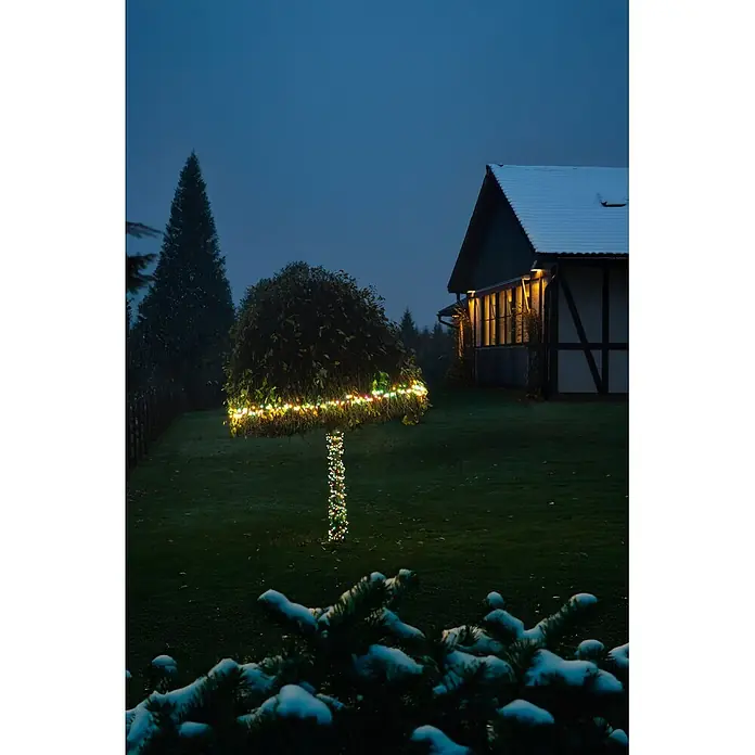 Konstsmide LED-Clusterlichterkette Globe Pastell - Außen, Länge: 8,78 cm, Netzbetrieben - Baum im Garten, mit bunten Lichterketten pilzförmig geschmückt, in einer winterlichen Dämmerungslandschaft.