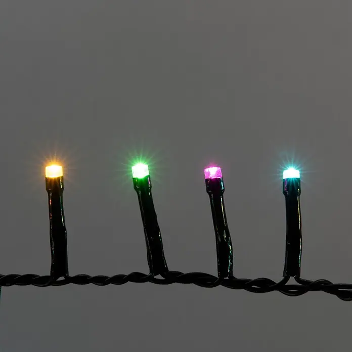Konstsmide LED-Clusterlichterkette Pastell - Außen, Länge: 13,17 m, 600 Stk., Netzbetrieben - Vier farbige LED-Lichterketten auf einem verdrehten schwarzen Kabel, die gelbes, grünes, rosa und weißes Licht ausstrahlen.
