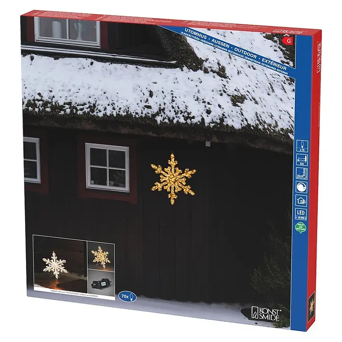 Konstsmide LED-Weihnachtsdekoleuchte Schneeflocke - 2,5 x 35 x 35 cm, Transparent, Netzbetrieben, LED - Goldene LED-Schneeflocken-Außendekoration mit bernsteinfarbenen Lichtern, transparentem Kabel und Dimmer.