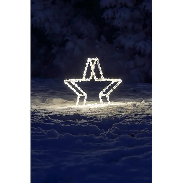 Konstsmide LED-Stern - 40 cm, Lichtfarbe: Warmweiß, IP44, Netzbetrieben - Weiße leuchtende sternförmige Lichtdekoration im tiefen Schnee bei Nacht, mit fallenden Schneeflocken.
