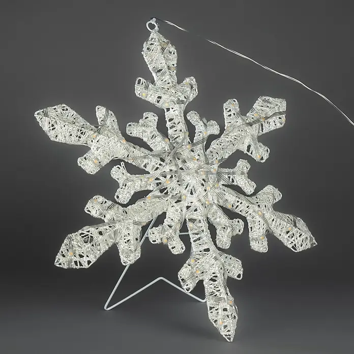 Konstsmide LED-Weihnachtsdekoleuchte Schneeflocke - 2,5 x 35 x 35 cm, Transparent, Netzbetrieben, LED - Weiße Glitzer-Schneeflocken-LED-Lichterdekoration mit Aufhängeschlaufe und Metallständer.