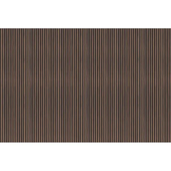 SanDesign Alu-Verbundplatte - 125 x 250 cm, Scandi Dark - Vertikale Holzlamellen in dunklem Walnussbraun auf schwarzem Hintergrund, ideal für Akustikpaneele oder Wandverkleidungen.