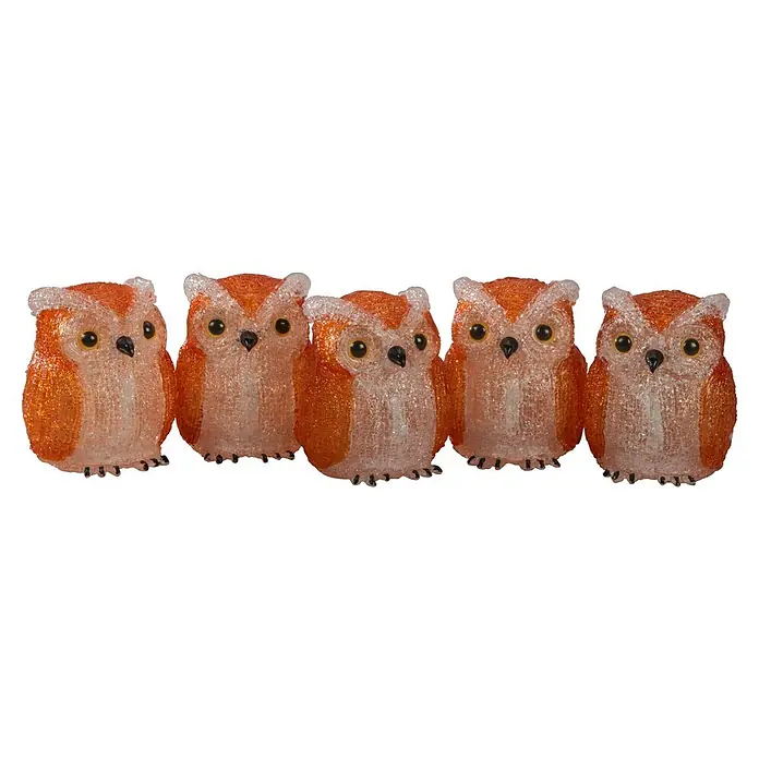 Konstsmide LED-Dekofigur - Außen, Lichtfarbe: Warmweiß, Anzahl Leuchtmittel: 40 Stk., Netzbetrieben - Fünf funkelnde Eulenfiguren aus klarem und orangefarbenem Acryl, ideal für festliche Dekoration.