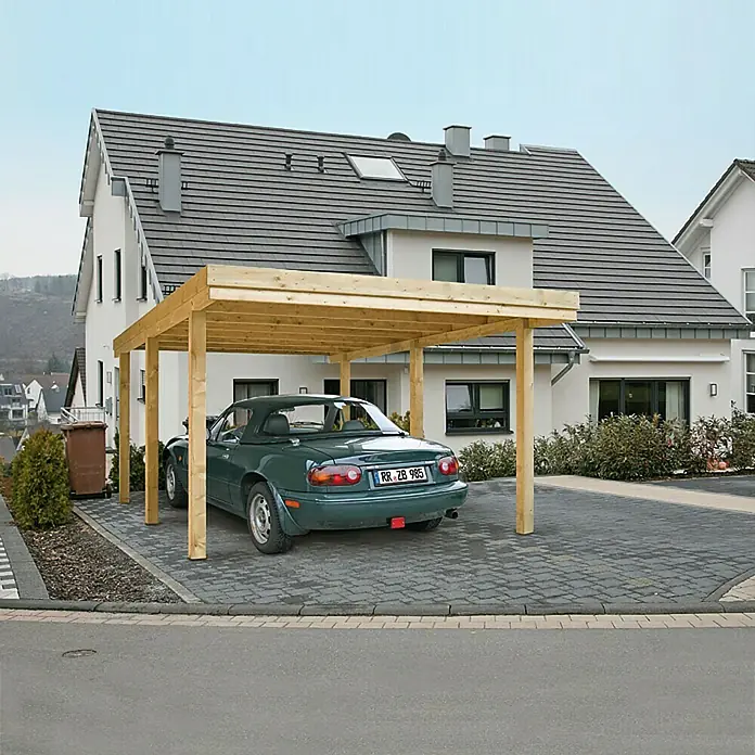 Carport Berlin - Einzelcarport - Carport aus Holz mit Auto. Der Carport bietet Schutz für das geparkte Auto und ist eine stilvolle Ergänzung für jedes Haus.