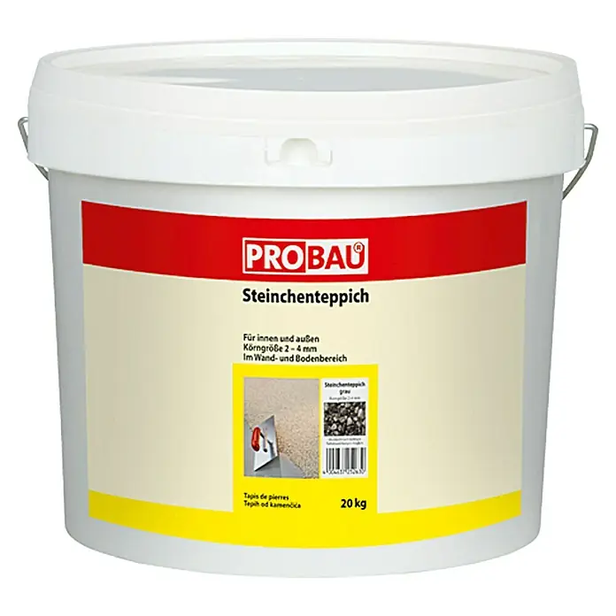Probau Steinchenteppich Marmorkiesel, 2-4 mm - Rose gemischt, 20 kg - Ein weißer Eimer mit rotem PROBAU-Logo, der Steinchenteppich für Innen- und Außenbereiche enthält, mit einer Körngröße von 2-4 mm.