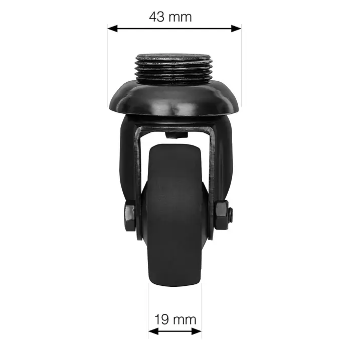 Walteco Rusticline Design-Lenkrolle RT-60, für Hartböden Ø50mm,TL50KG - Schwarz - Schwarze Lenkrolle mit Gewindeschraube, 43mm Gesamtbreite, 19mm Radbreite.