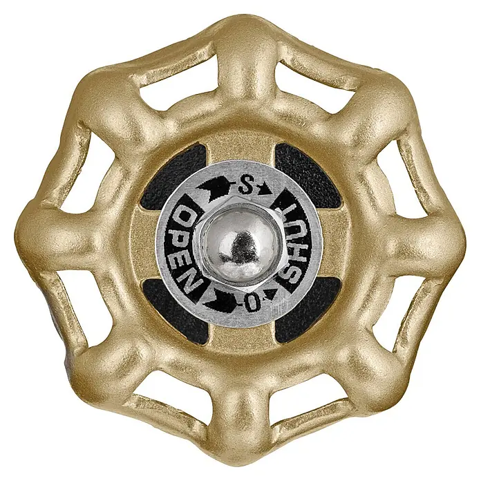 Walteco Rusticline Absperrventil RT-15 - Stahl, Schwarz/Gold - Goldfarbener, sternförmiger Ventilgriff mit silberner "OPEN/SHUT"-Anzeige.