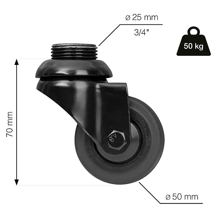 Walteco Rusticline Design-Lenkrolle RT-60, für Hartböden Ø50mm,TL50KG - Schwarz - Schwarze Lenkrolle, 70mm hoch, mit 50mm Rad, 25mm (3/4") Schraube und 50kg Tragkraft.