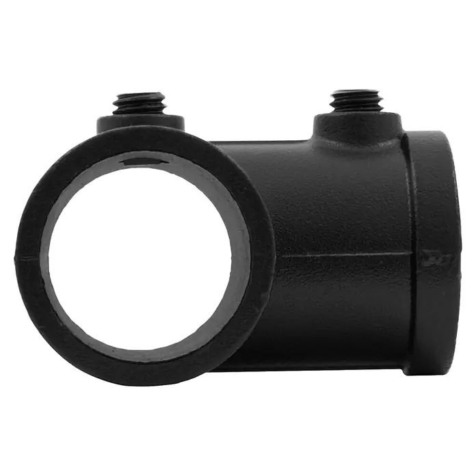 Walteco Rusticline T-Stück RT-70, 3/4" - Durchmesser: 25 mm, Aluminium - Schwarze, strukturierte Rohrschelle mit kreisförmiger Öffnung und Gewindeschrauben oben.