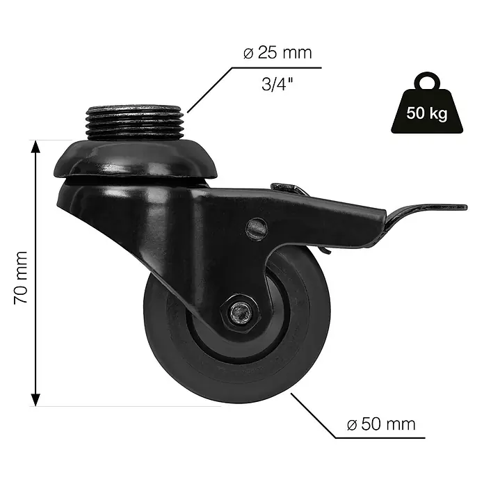 Walteco Rusticline Design-Lenkrolle RT-59, für Hartböden Ø50mm,TL50KG - Schwarz - Schwarzes Lenkrollenrad mit Gewindestift, Ø 50mm Rad, 70mm Gesamthöhe, Ø 25mm (3/4") Gewinde, 50kg Tragkraft.