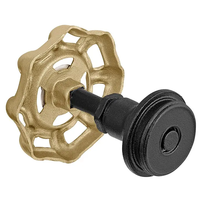 Walteco Rusticline Absperrventil RT-15 - Stahl, Schwarz/Gold - Goldfarbener Speichen-Ventilgriff, verbunden mit einem schwarzen zylindrischen Wasserhahnteil.