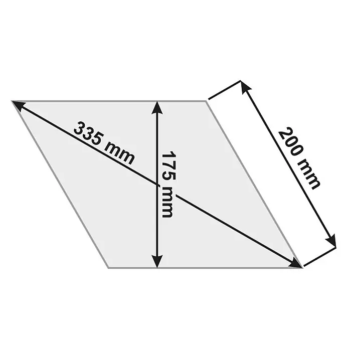 EHL Pflasterstein Plativo - 33,5 x 20 x 8 cm, Anthrazit, Beton - Hellgraues Parallelogramm-Diagramm mit einer Diagonale von 335 mm, einer Höhe von 175 mm und einer Seitenlänge von 200 mm.