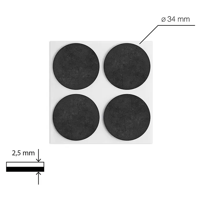 Walteco Rusticline Anti-Rutsch-Pad RT-62, Ø34mm,12STK - Durchmesser: 34 mm, Schwarz, Kleben, 12 Stk. - Vier schwarze runde Filzgleiter, 34 mm Durchmesser und 2,5 mm dick, zum Möbelschutz.