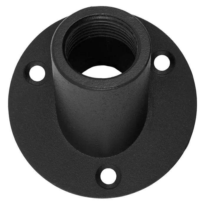 Walteco Rusticline Aufnahmeflansch RT-65, 3/4", 60°, Ø70mm - Stahl, Schwarz - Schwarzer, strukturierter Montageflansch mit zentraler Gewindeöffnung und drei Schraubenlöchern.