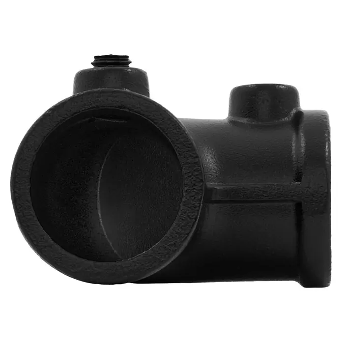 Walteco Rusticline Rohrbogen RT-69, 3/4", 90° - Durchmesser: 25 mm, Aluminium - Schwarzes T-förmiges Installationsrohr-Fitting mit Gewindeöffnungen und texturierter Oberfläche.