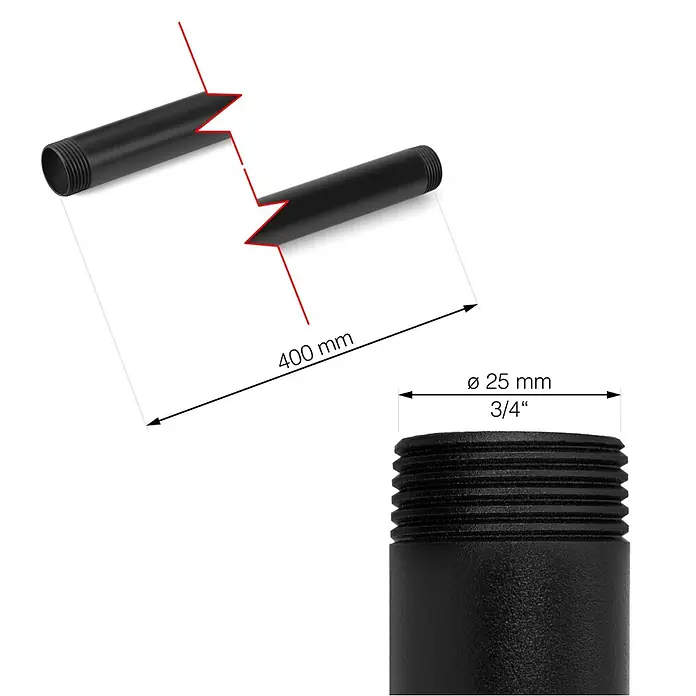 Walteco Rusticline Rohr RT-31, 3/4", 400mm - Länge: 400 mm, Stahl, Schwarz - Schwarzes Metallrohrverlängerung mit Gewindeenden, 400 mm lang, 25 mm (3/4") Durchmesser.